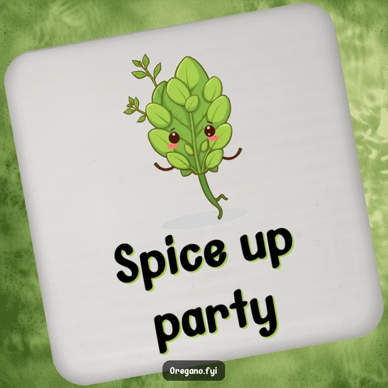 Funny drink coaster with a single oregano leaf doing a spirited shimmy, adding playful charm to any table. Home accent.
