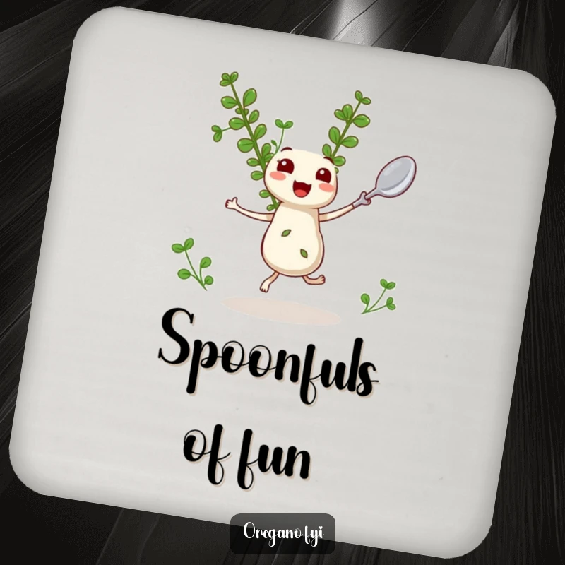 Funny Oregano Coasters: A dancing kawaii oregano sprig with a miniature spoon adds funny flair to protect surfaces.