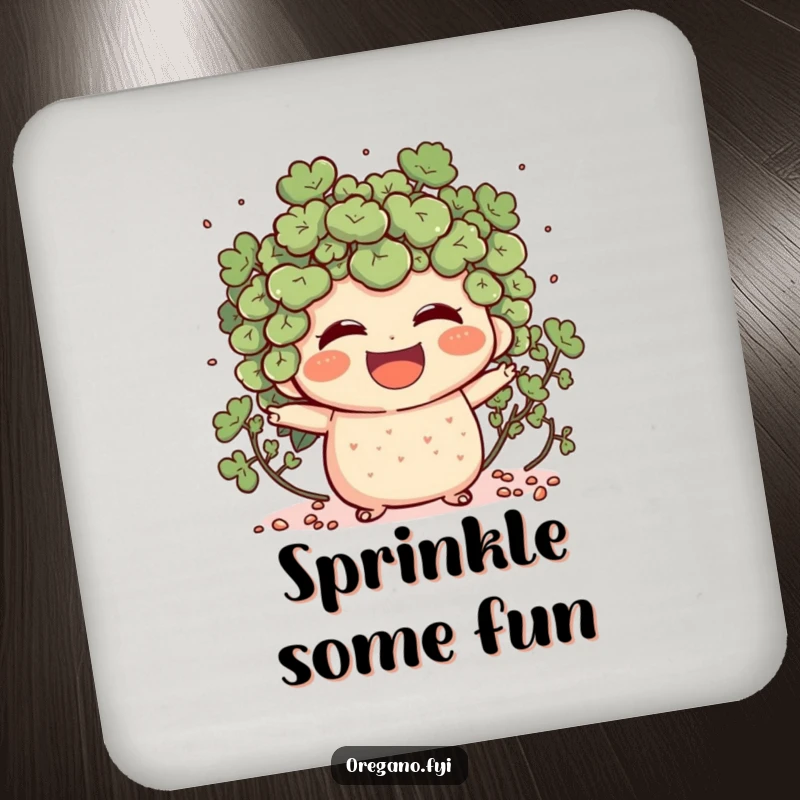 Funny drink coaster showing an oregano character laughing heartily, scattering tiny specks, adding a cheerful touch.