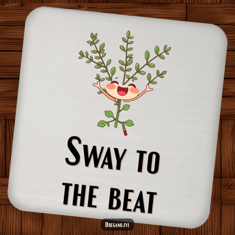 Funny coaster featuring a joyful oregano sprig doing a silly twirl, a charming and humorous protective table accessory.
