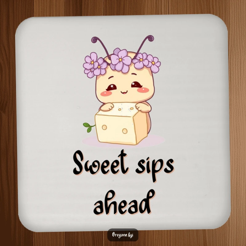 Funny drink coasters showcasing a smiling oregano herb with tiny antennae, curiously inspecting a sugar cube, adding charm to any table.