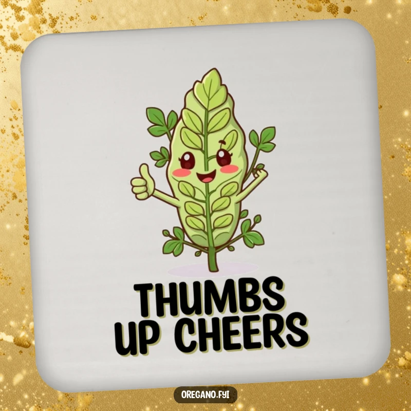 Funny drink coaster with an oregano leaf giving a thumbs up, adding positive charm and surface protection. Home accessory.