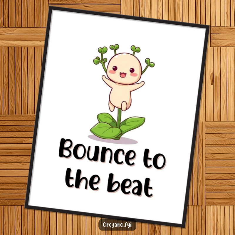 Funny poster art of a cute kawaii oregano herb energetically hopping on a single leaf, creating a scene of pure dynamism.