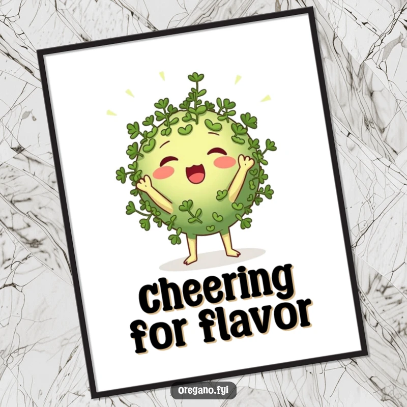 Funny round oregano character poster cheering loudly with tiny leaf-like pom-poms, spirited and humorous wall art for herb enthusiasts.