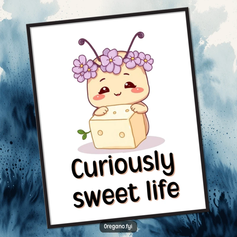 Funny poster art of a smiling oregano herb with two tiny antennae, curiously examining a sugar cube, creating a scene of discovery.