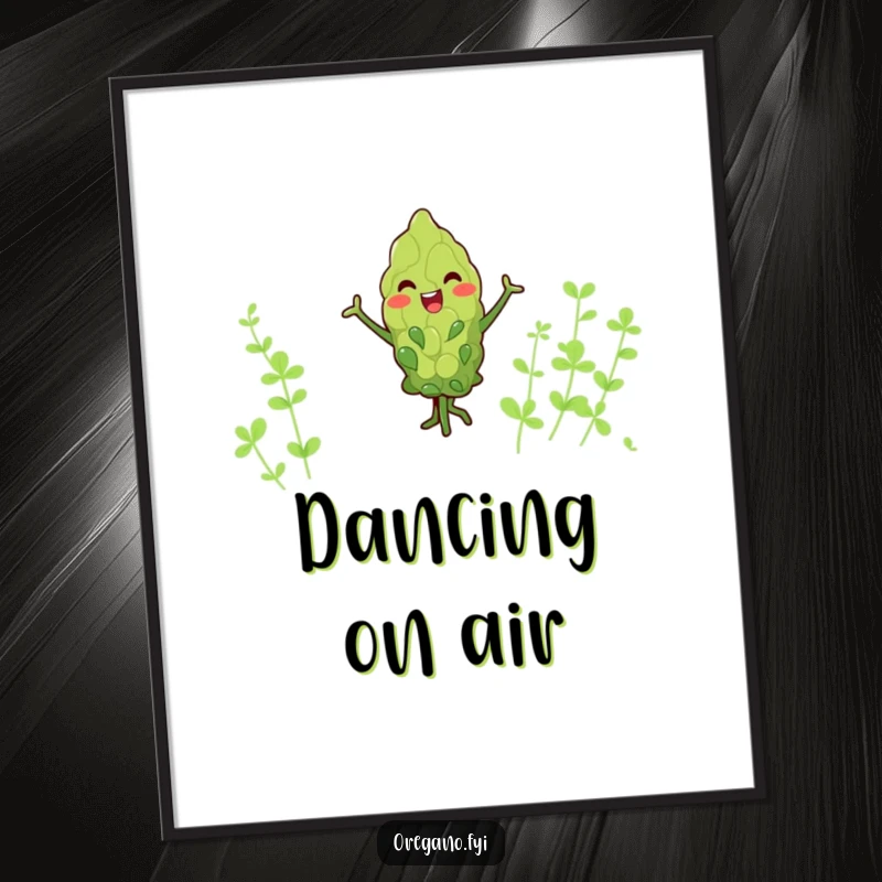Funny kawaii oregano leaf poster, joyfully dancing with tiny arms, vibrant wall art that brings humor and charm.