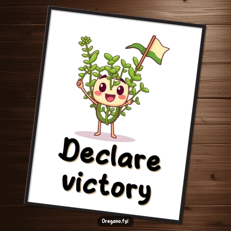 Funny poster featuring a tiny oregano sprig character enthusiastically waving a miniature flag, energetic and cheerful wall art.