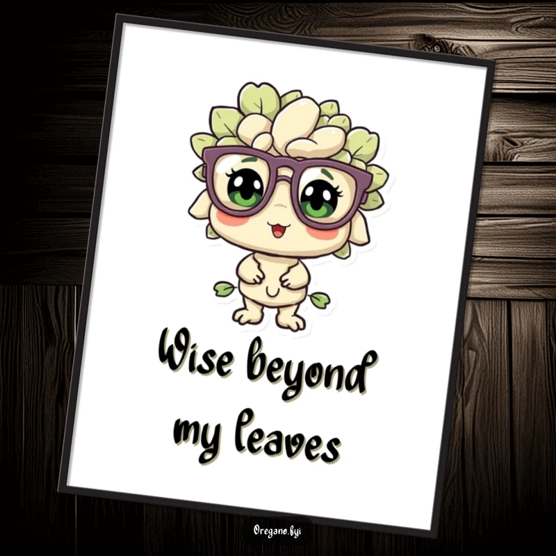 Funny oregano sprig character wearing oversized glasses on a poster, looking bewildered yet pleased, adding charming visual interest.