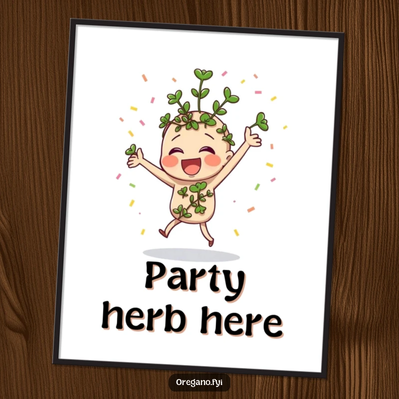 Funny oregano sprig character dancing with confetti, vibrant and humorous wall art.