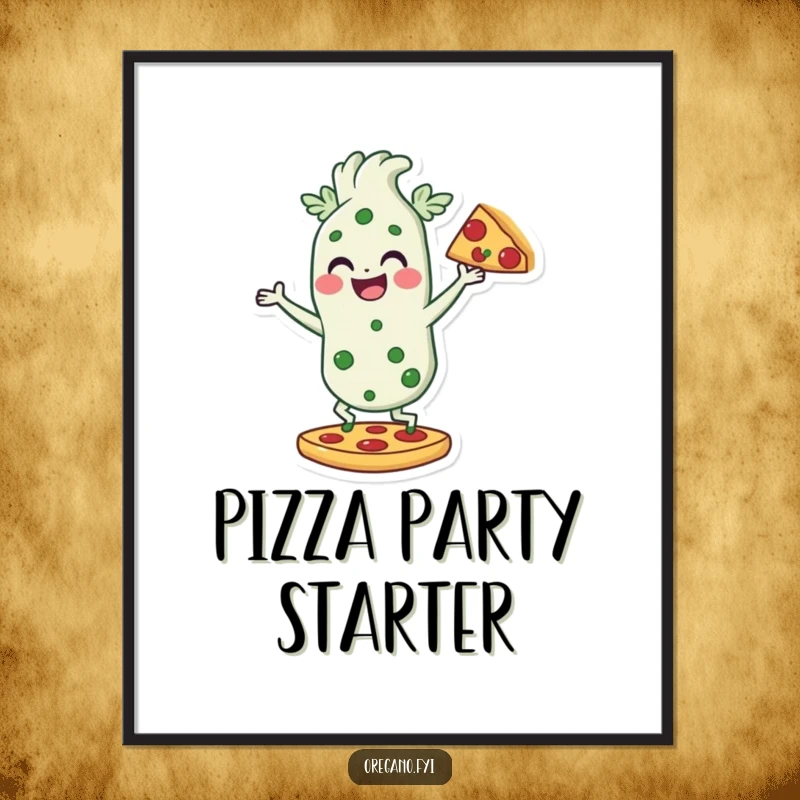Funny poster of an oregano character smiling and dancing on a pizza slice, whimsical and joyful pizza-themed wall art.