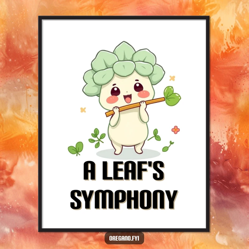 Funny kawaii oregano character joyfully playing a leaf flute on a poster, adding whimsical art and humor.