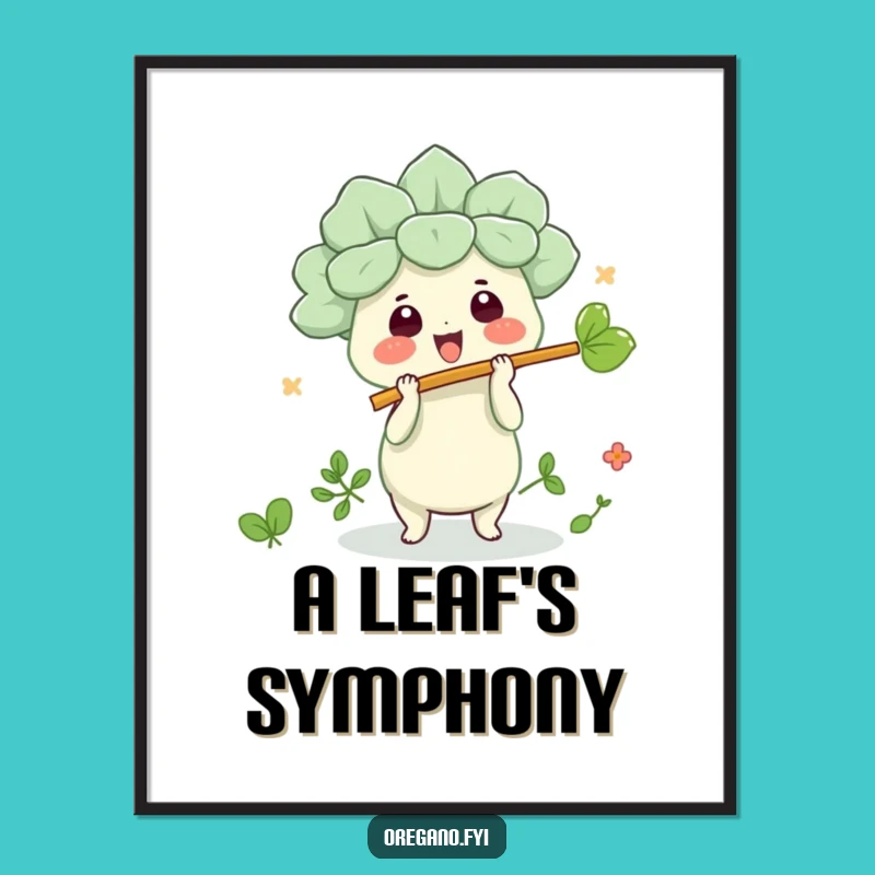 Funny Kawaii Oregano Leaf Flute Poster, Hilarious Herbal Wall Art
