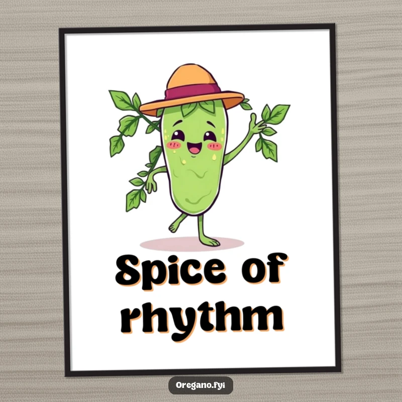 Funny poster featuring a cute Kawaii oregano leaf character in an energetic and dramatic salsa dance.