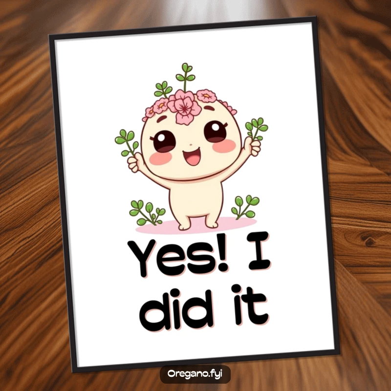 Funny kawaii oregano sprig character joyfully cheering with its tiny leaves held high on a vibrant poster, radiating positivity.