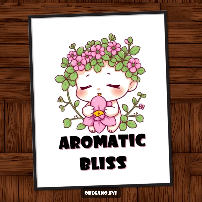 Funny oregano aroma poster showcasing a peaceful herb character smelling a fragrant bloom, bringing zen to your walls. Relaxing and humorous art.