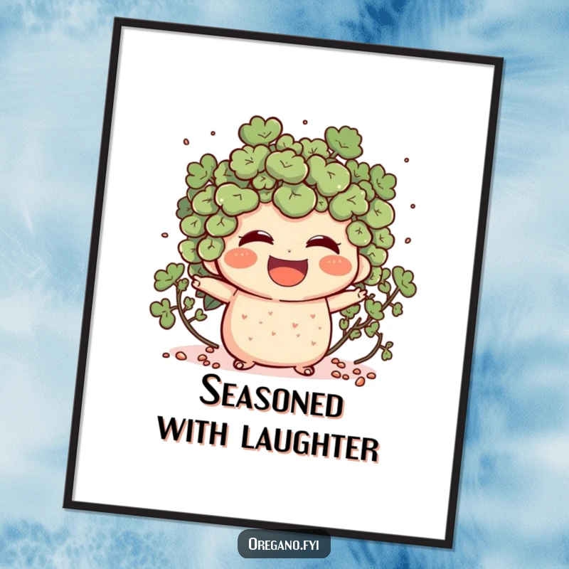 Funny poster art of an oregano character laughing heartily, with tiny specks scattering dynamically to show its joy.