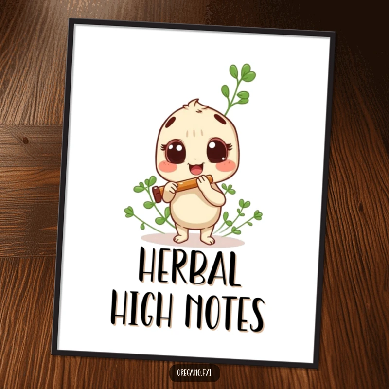 Funny oregano sprig poster, playing a tiny panpipe with gusto, a cheerful musical herb illustration.