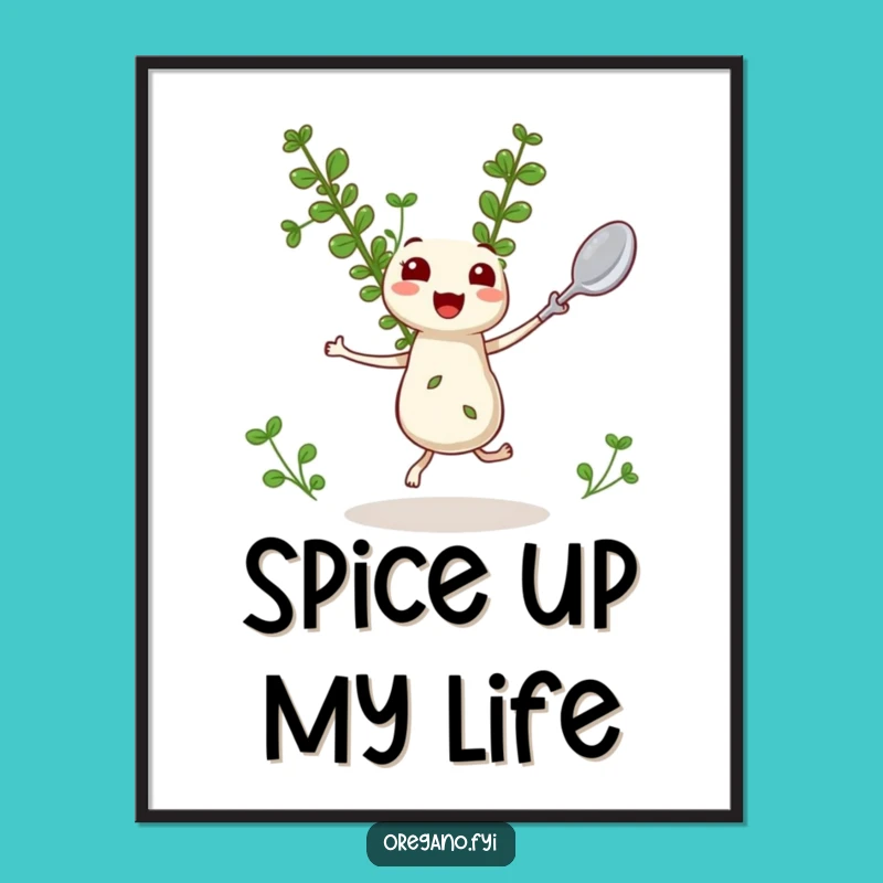 Funny Oregano Poster: Dancing Kawaii Herb Art for Kitchen Decor