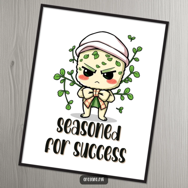 Funny poster art of a determined oregano character comically attempting to tie a culinary bow, adding humor to wall decor.