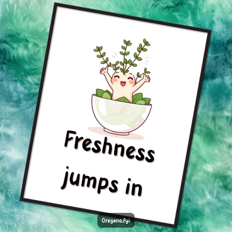 Funny Kawaii oregano sprig character joyfully leaping into a tiny salad bowl, humorous and cheerful wall art.