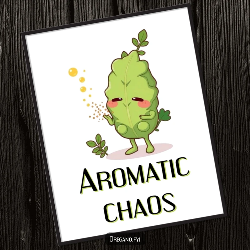 Funny poster art of an oregano leaf character sneezing bountiful aromatic herb dust, a whimsical piece for spice enthusiasts.