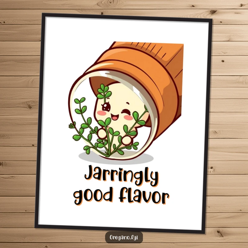Funny poster: A satisfied oregano character peeks from a spice jar with a happy, content expression.