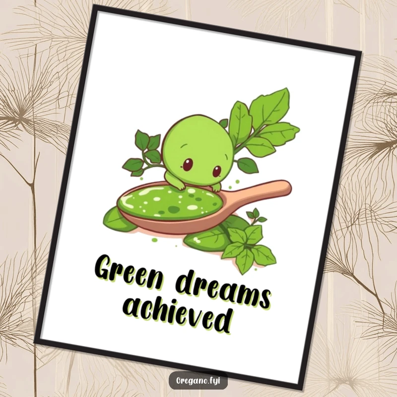 Funny poster art: An oregano leaf character curiously dives into a massive spoonful of green pesto, celebrating a humorous culinary exploration.
