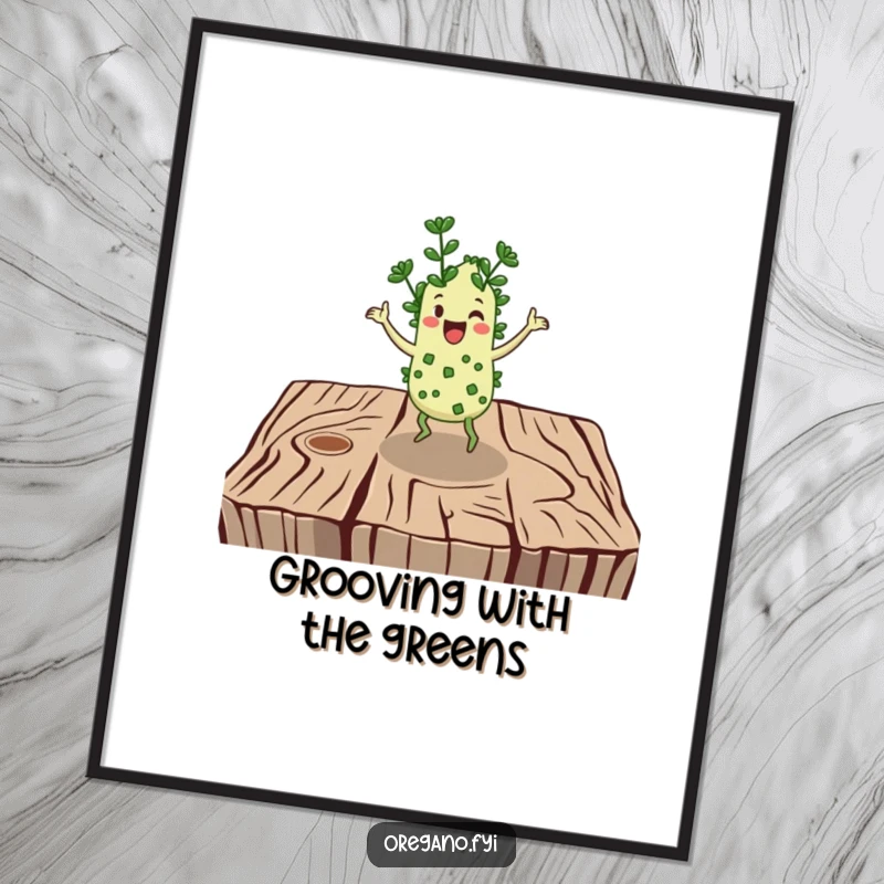 Funny poster: A cheerful oregano character is depicted doing a vigorous jig on a rustic wooden surface, full of life.