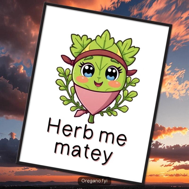 Funny poster featuring a happy oregano leaf character wearing a pirate bandana, evoking adventurous humor.