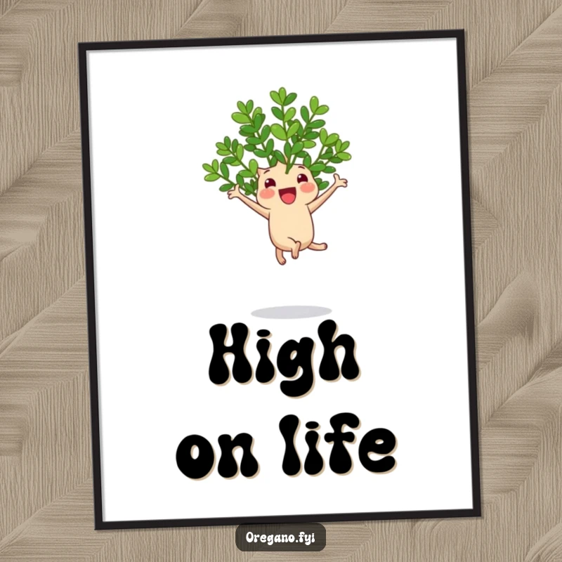 Funny poster illustrating a cheerful oregano sprig performing an enthusiastic, joyful jump on a bouncy leaf.