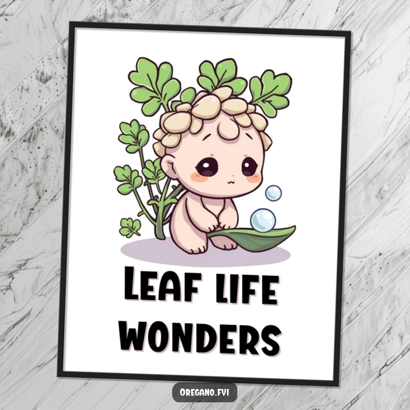 Funny Oregano poster, a curious herb character looking at a dewdrop on a leaf, creating tranquil and humorous wall art. A decorative gift.