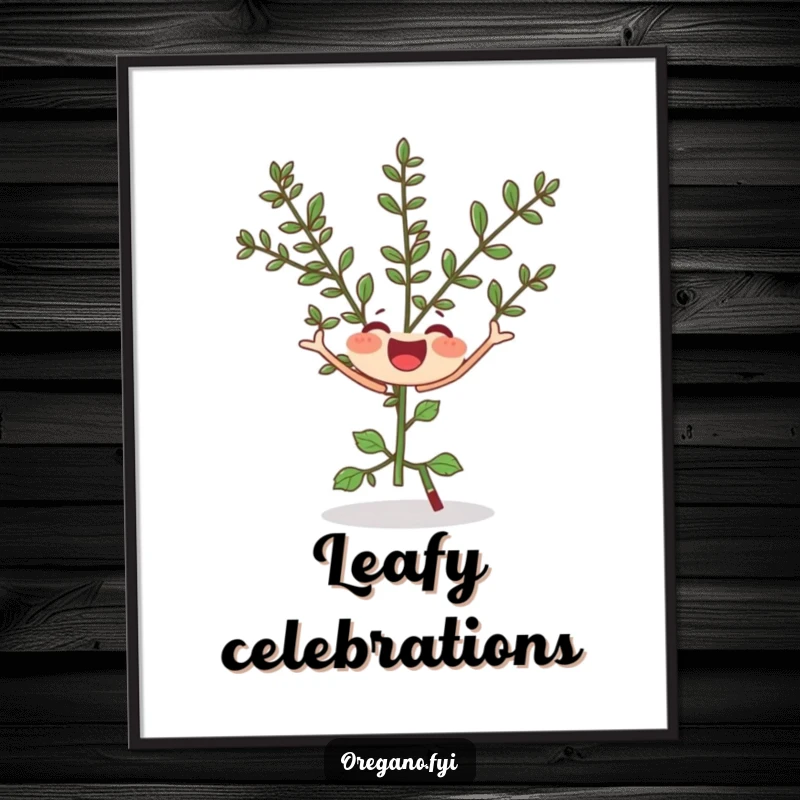 Funny poster of a joyful oregano sprig performing a silly twirl, adding cheerful and humorous herb-themed wall art.
