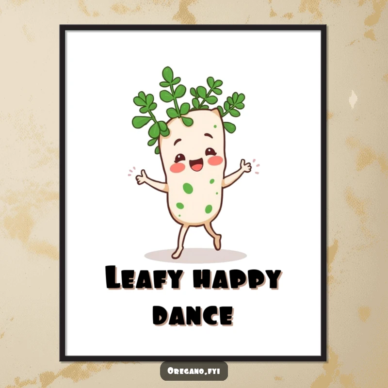 Funny Kawaii oregano sprig character doing a goofy dance with its leaves, vibrant poster art with lively and humorous theme, kitchen decor.