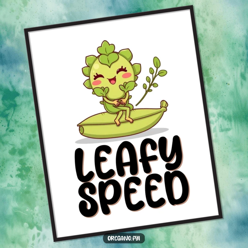 Funny poster art of a winking oregano leaf character joyfully riding a rolling bay leaf, a whimsical culinary-themed decor.