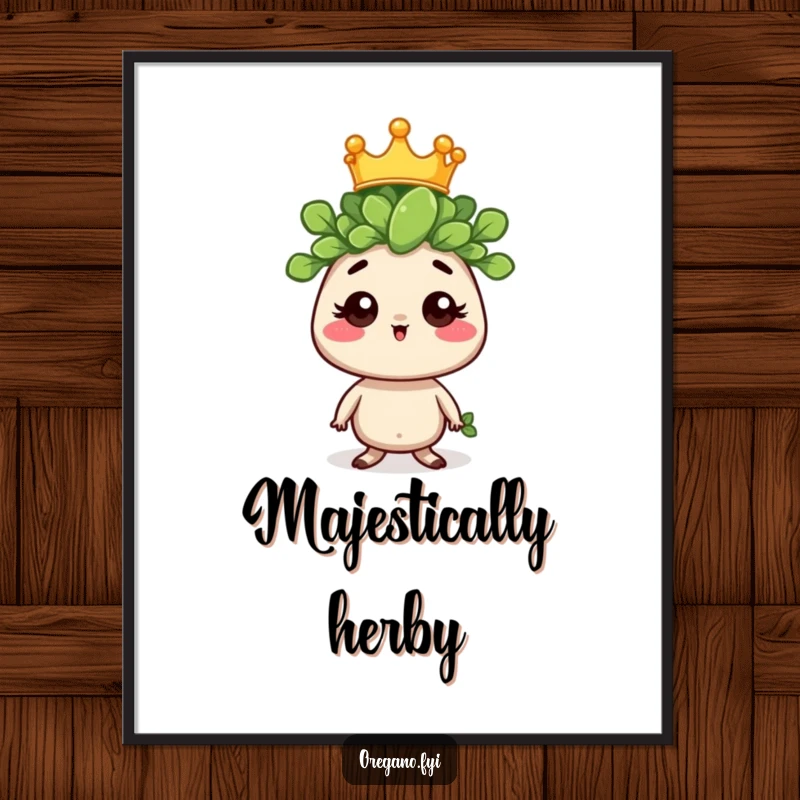 Funny poster of a regal oregano sprig character wearing a small crown, exuding a humorous and majestic presence for wall art.