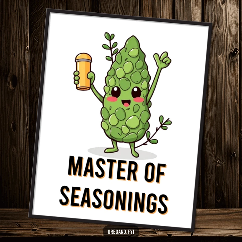 Funny poster art of an oregano leaf character triumphantly holding a golden spice shaker aloft, celebrating flavor.