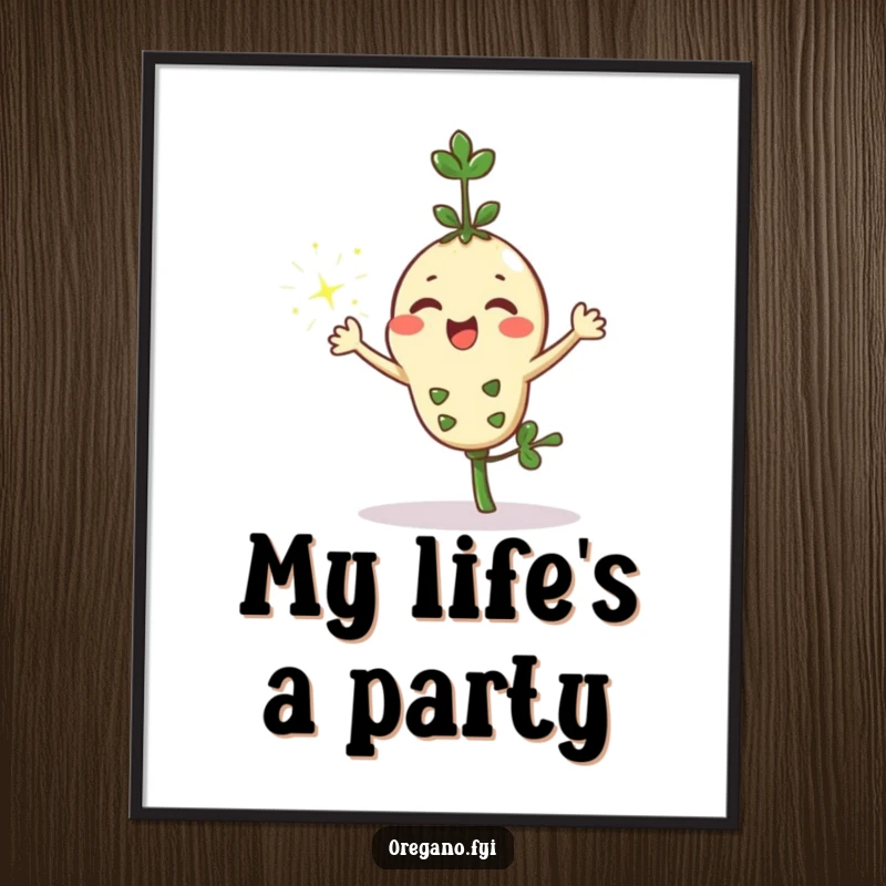 Funny kawaii oregano sprig character joyfully sprinkling effervescent sparkles from its verdant leaves on a vibrant poster, adding magic to decor.