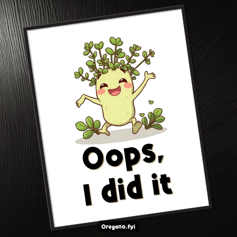 Funny poster featuring a cheerful oregano sprig character comically tripping and landing with a grin, whimsical wall art.