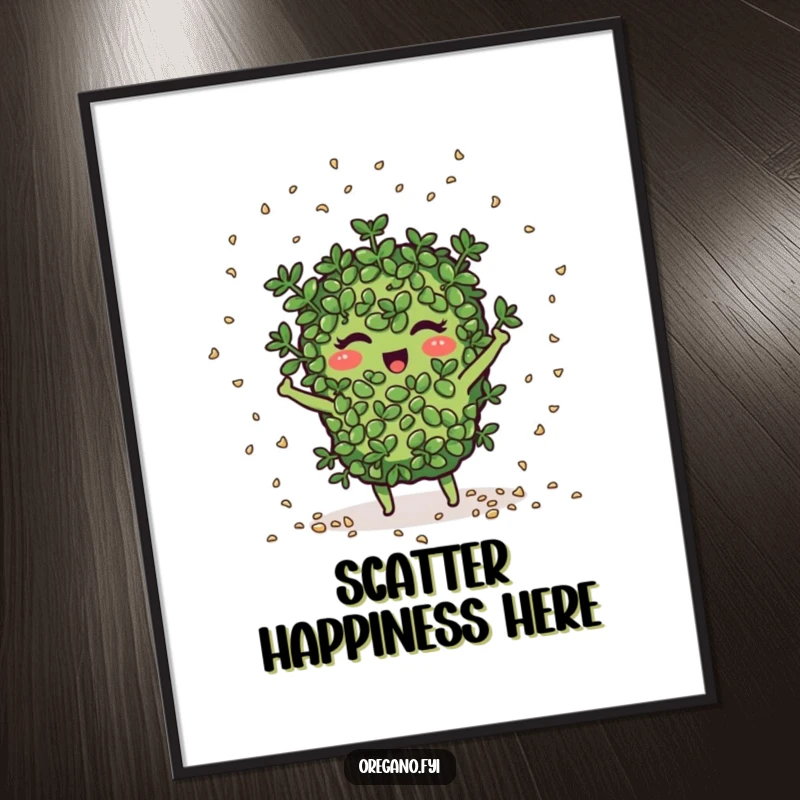 Funny oregano character joyfully scatters seeds like confetti, bringing a garden-themed humorous vibe.