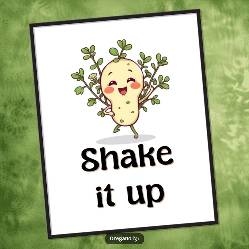 Funny poster of a smiling oregano sprig character performing a lively jig, bringing culinary joy and a cheerful herbal vibe to any room.