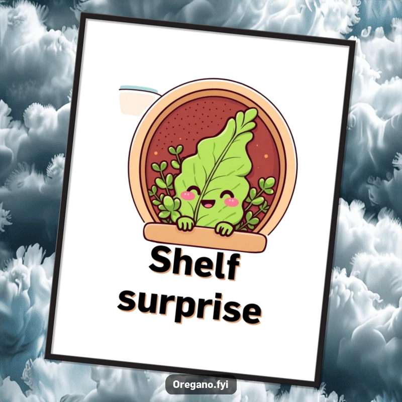 Funny poster art of an oregano leaf character with a grin, peeking from a spice rack, a whimsical kitchen wall decor.