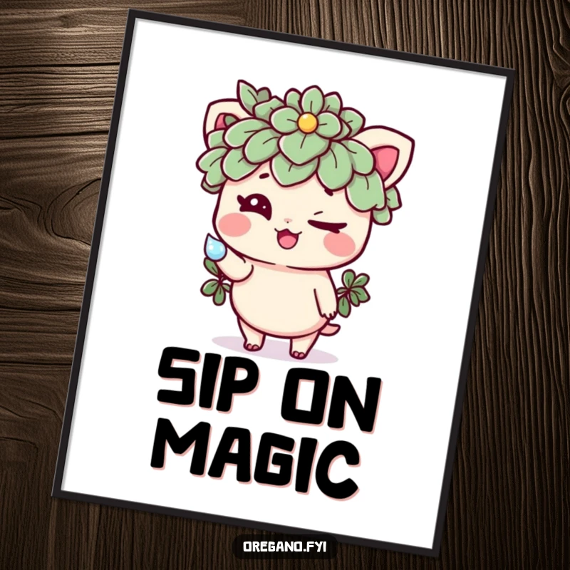Funny poster showcasing a mischievous oregano character winking and offering a sparkling dewdrop, whimsical and humorous herb-themed wall art.