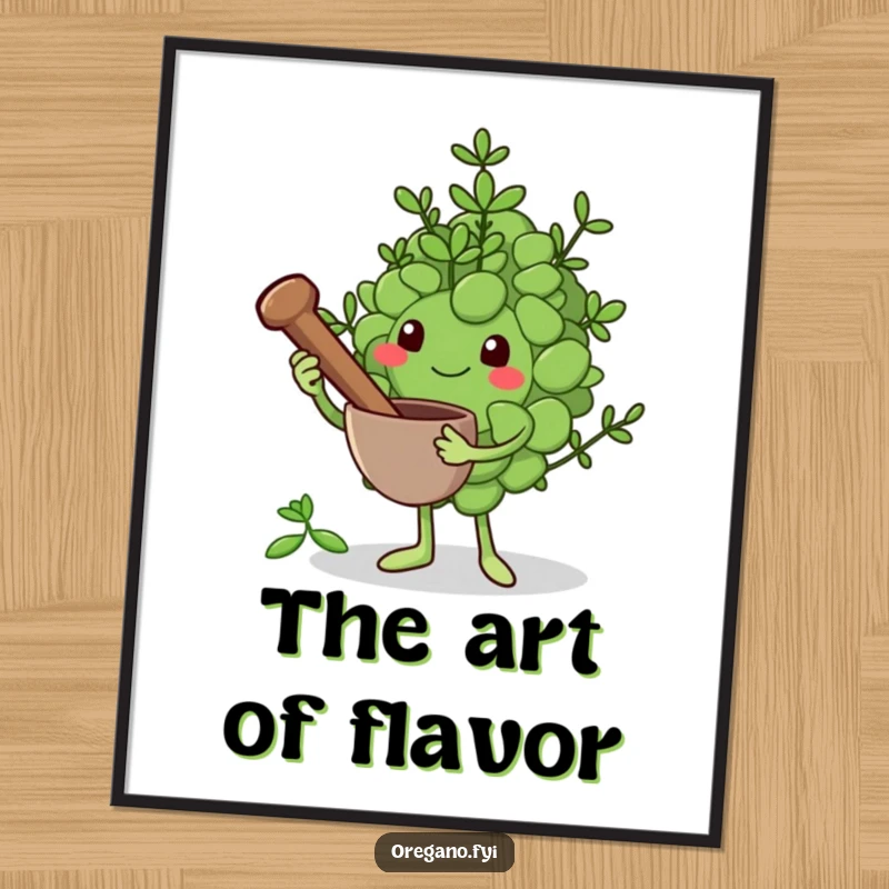 Funny poster art: An oregano leaf character holds a mini mortar and pestle, preparing to grind herbs, depicted with cheerful determination.