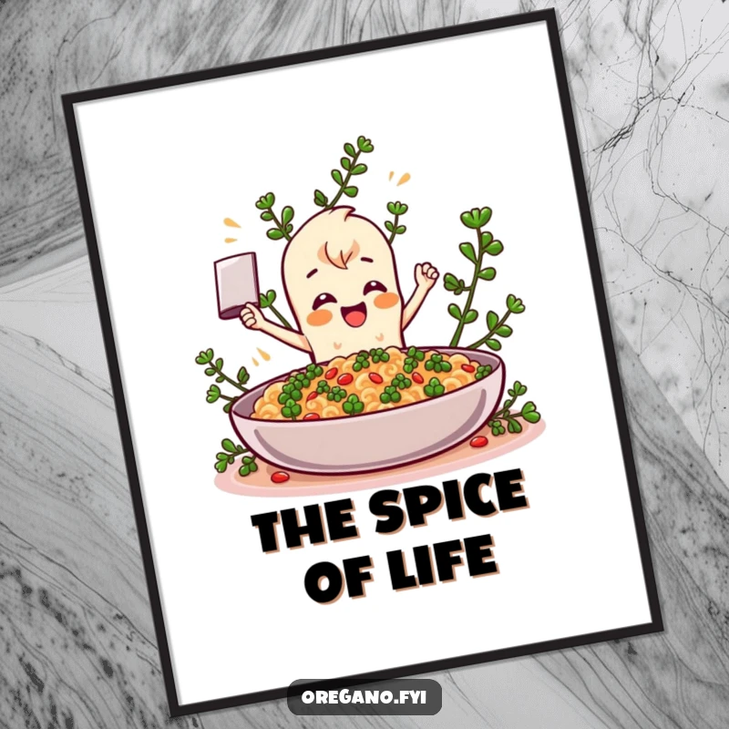 Funny Oregano poster, a spirited herb character enthusiastically seasoning a giant plate, bringing vibrant culinary art and humor to any room. A unique wall decor gift.