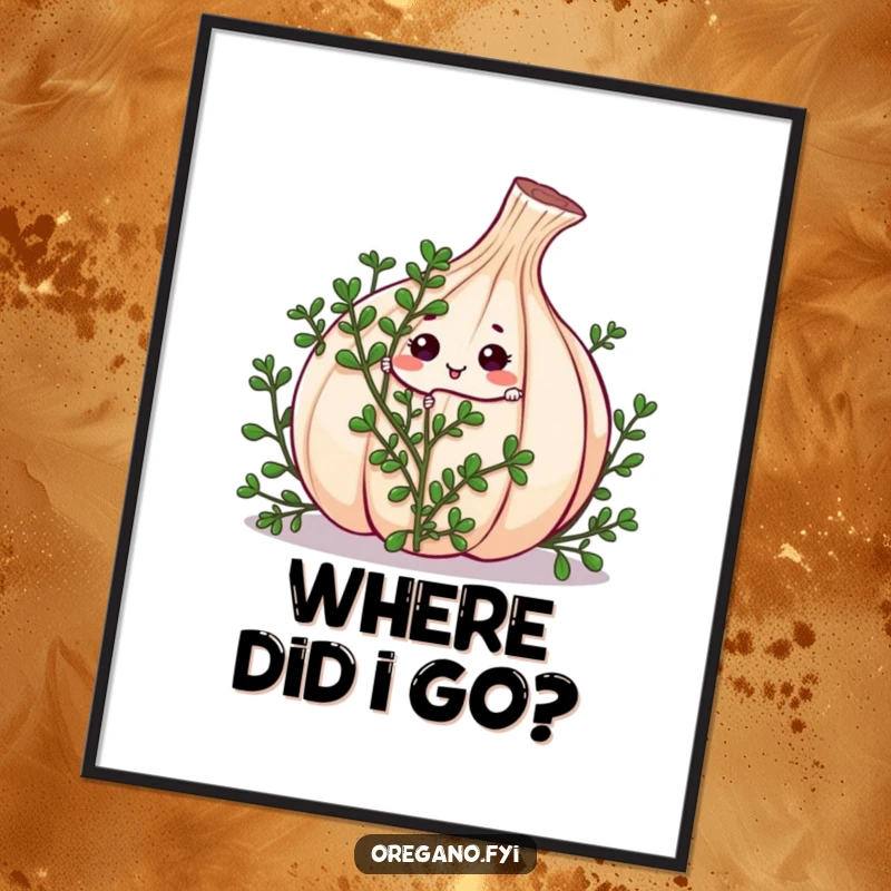 Funny kawaii oregano sprig character playing hide-and-seek behind a large garlic clove on a vibrant poster, a playful wall decoration.