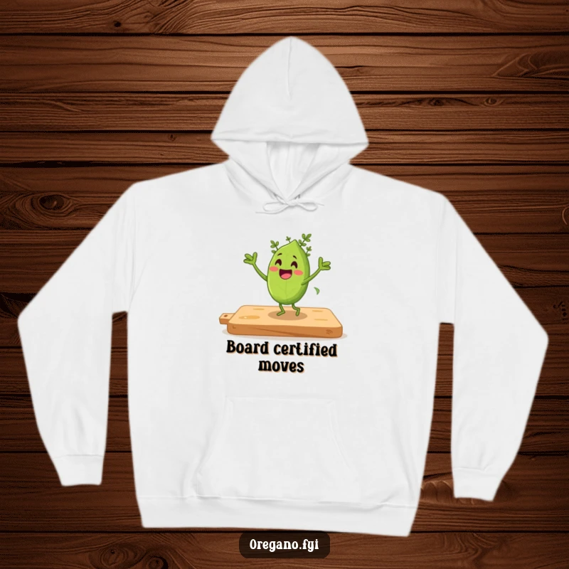 Funny hoodie with an oregano leaf character in mid-jig dance on a cutting board, full of excitement.