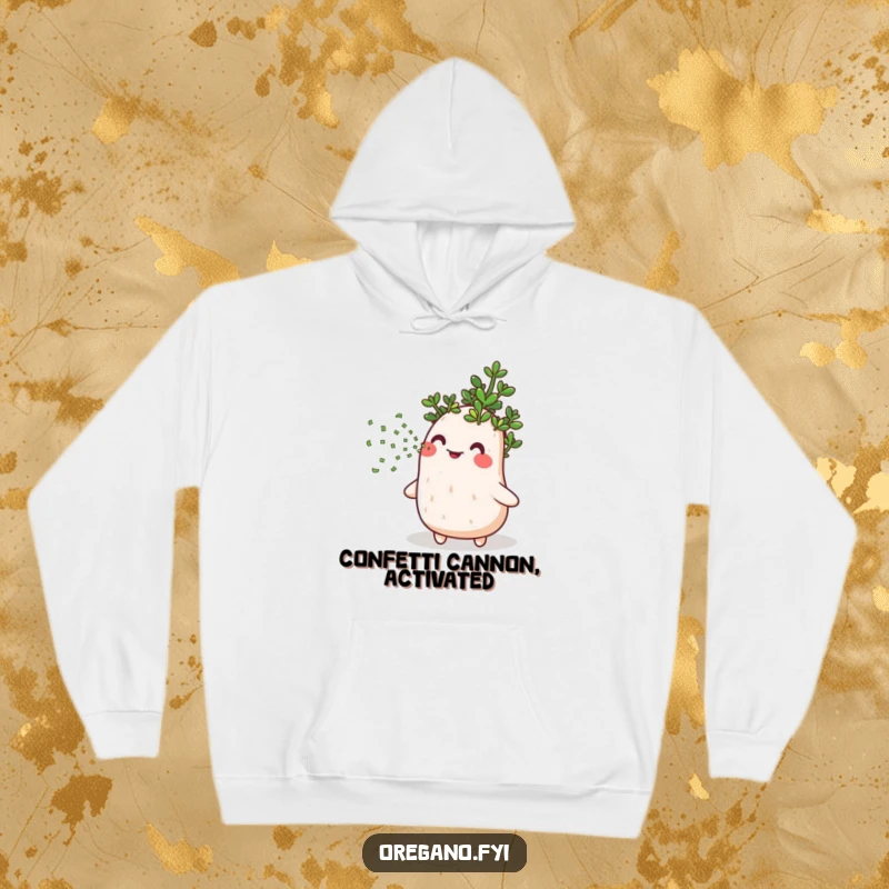 Funny hoodie depicting a jubilant oregano herb mid-celebration, blowing a shower of tiny green confetti with infectious glee.