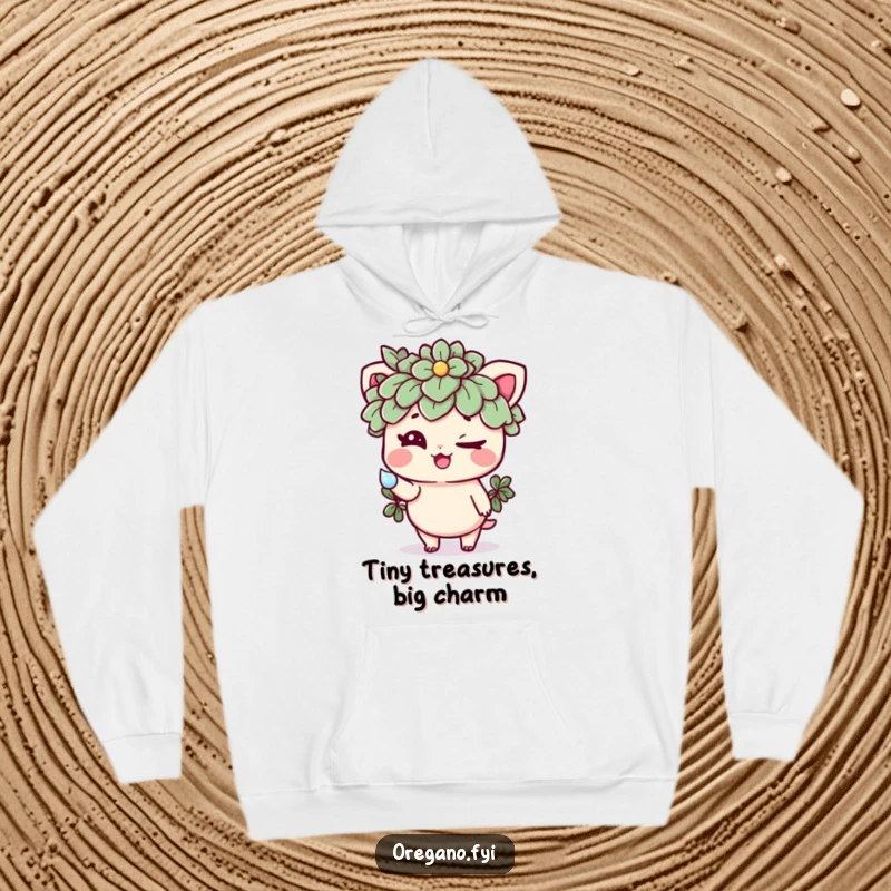 Funny hoodie depicting a mischievous oregano character winking mischievously and offering a sparkling dewdrop, a warm and humorous herb gift.
