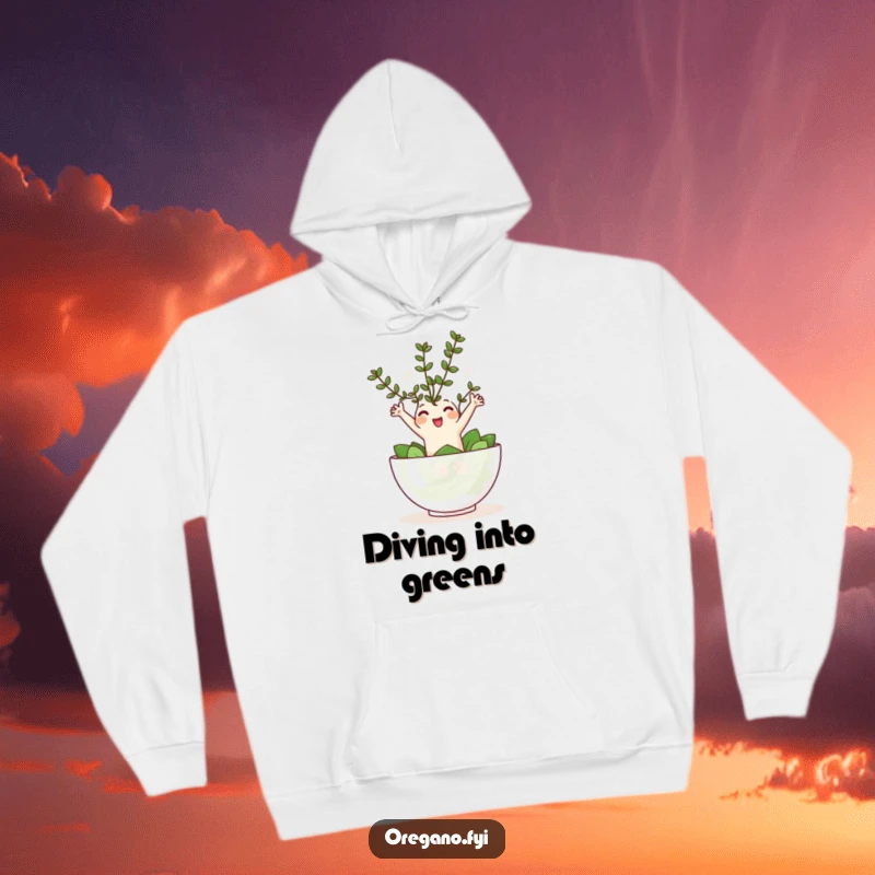 Funny Kawaii oregano sprig character joyfully leaping into a tiny salad bowl, a warm and humorous hoodie.