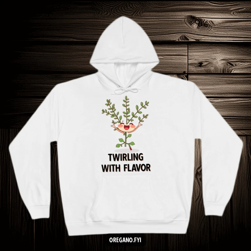Funny hoodie featuring a joyful oregano sprig in a silly twirl, offering warmth and humorous herb-inspired comfort.